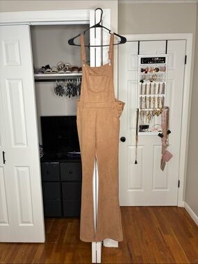 Suede-Style Tan Flare Overalls Jumpsuit